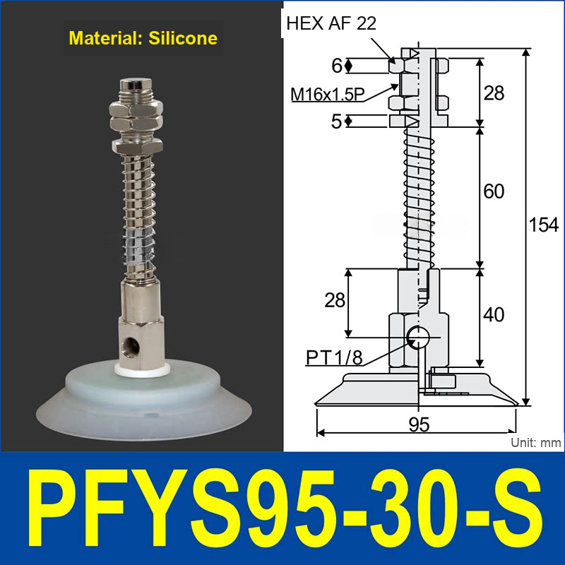 PFYS-95-30-S – Ø95 mm, 30 mm Stroke, Silicone, translucent white silicone spring-loaded vacuum cup assembly, M16 x 1.5 mount, PT1/8 port, 22 mm hex, with dimensions