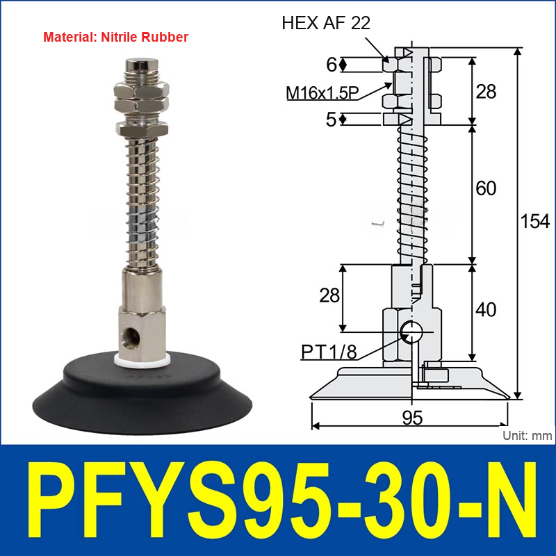 PFYS-95-30-N – Ø95 mm, 30 mm Stroke, Nitrile Rubber, black nitrile rubber spring-loaded vacuum cup assembly, M16 x 1.5 mount, PT1/8 port, 22 mm hex, with dimensions