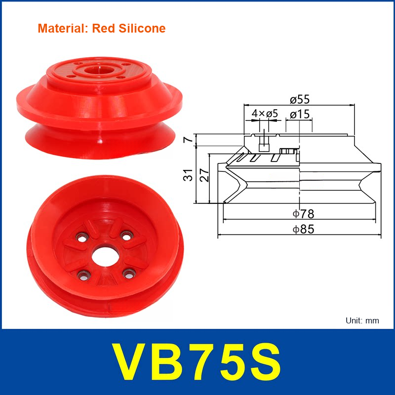 VB75 Red Cup Only (Without Base) vacuum suction cup and technical dimensions