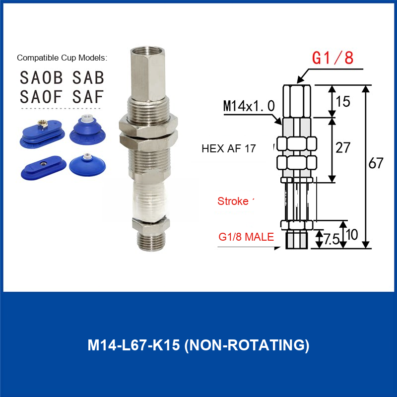 M14-L67-K15 – 15 mm Stroke, Anti-Rotation, M14 nickel-plated brass heavy-duty vacuum cup holder, G1/8 Male connection, anti-rotation, with technical dimensions