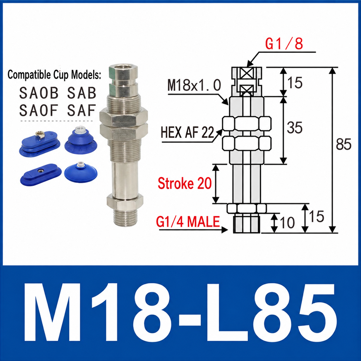 M18-L85 – G1/4 Male Thread, 20 mm Stroke, M18 nickel-plated brass heavy-duty vacuum cup holder, G1/4 Male connection, spring buffer, with technical dimensions
