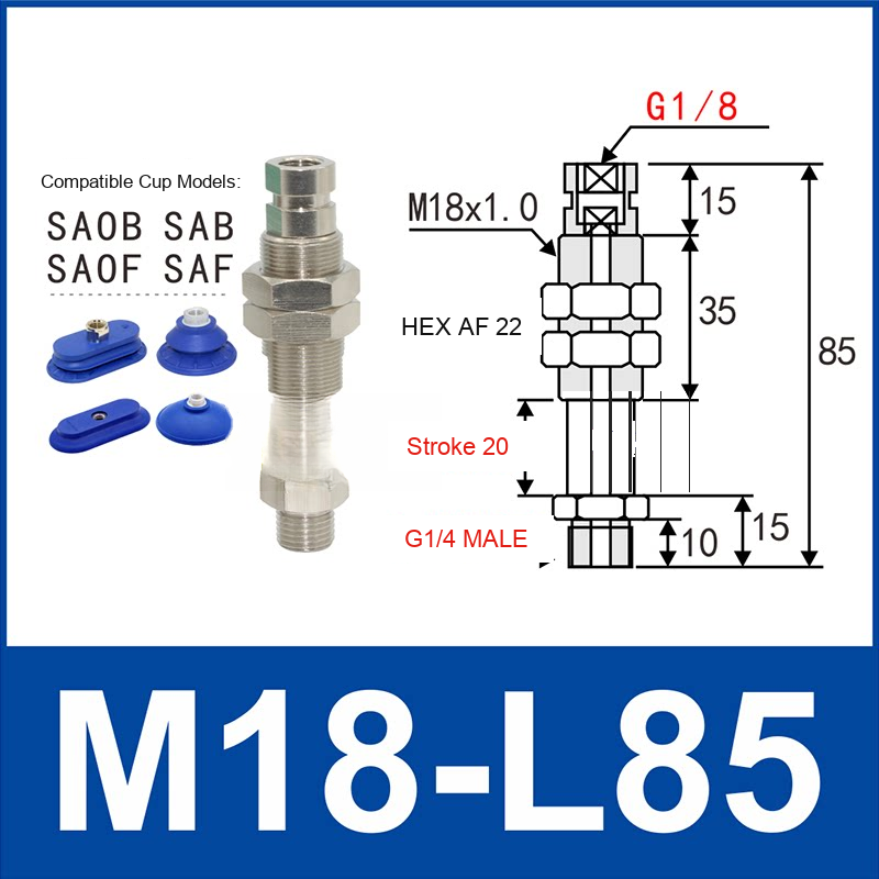 M18-L85 – G1/4 Male Thread, 20 mm Stroke, M18 nickel-plated brass heavy-duty vacuum cup holder, G1/4 Male connection, spring buffer, with technical dimensions