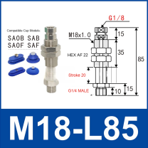 M18-L85 – G1/4 Male Thread, 20 mm Stroke, M18 nickel-plated brass heavy-duty vacuum cup holder, G1/4 Male connection, spring buffer, with technical dimensions