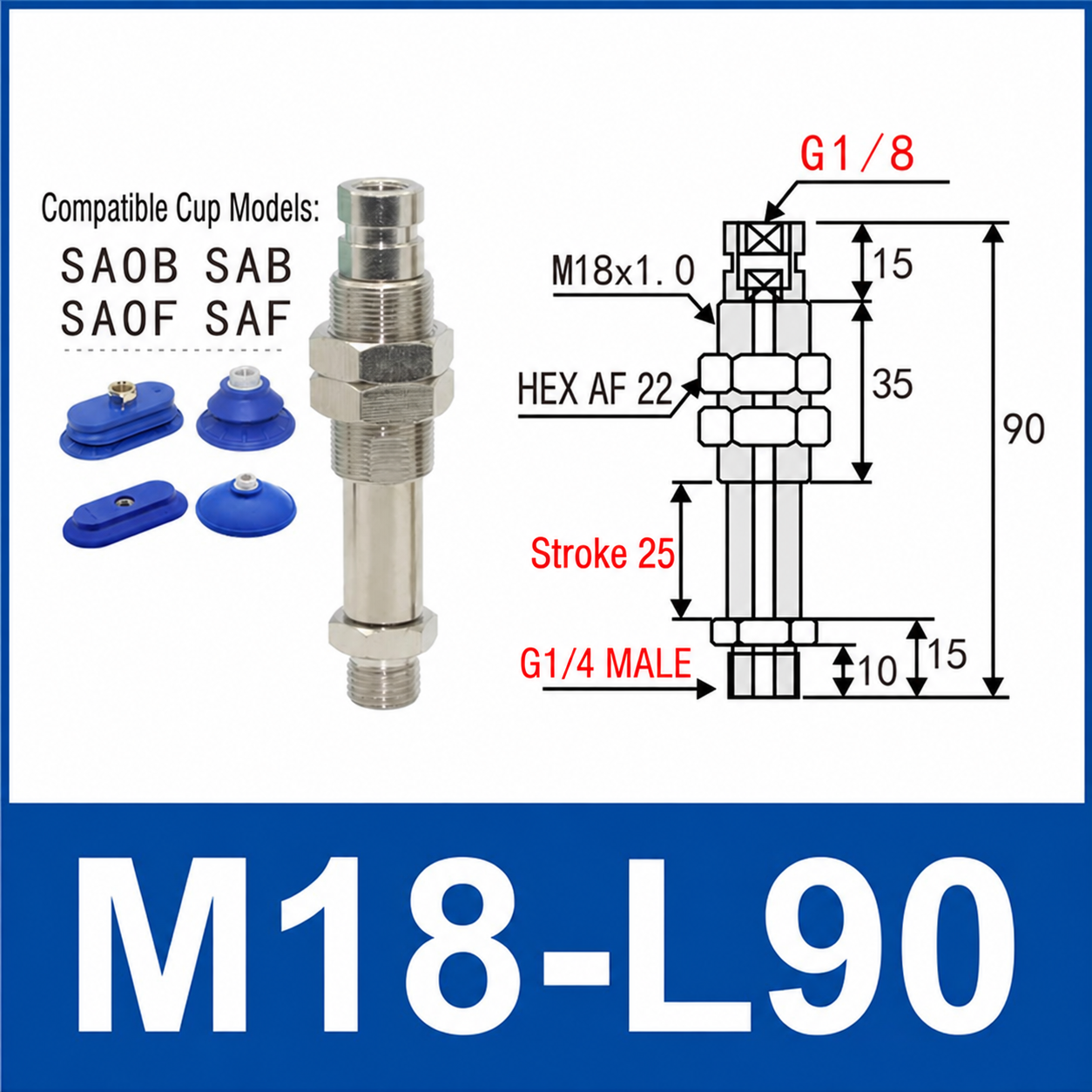 M18-L90 – G1/4 Male Thread, 25 mm Stroke, M18 nickel-plated brass heavy-duty vacuum cup holder, G1/4 Male connection, spring buffer, with technical dimensions