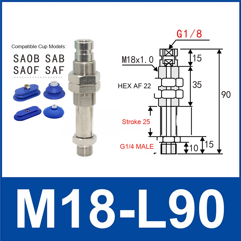 M18-L90 – G1/4 Male Thread, 25 mm Stroke, M18 nickel-plated brass heavy-duty vacuum cup holder, G1/4 Male connection, spring buffer, with technical dimensions