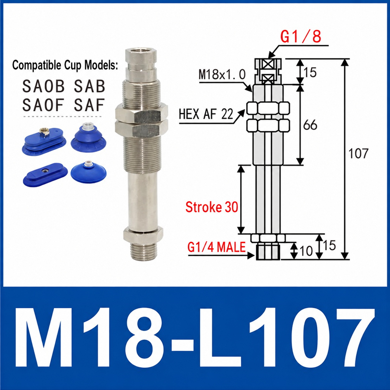 M18-L107 – G1/4 Male Thread, 30 mm Stroke, M18 nickel-plated brass heavy-duty vacuum cup holder, G1/4 Male connection, spring buffer, with technical dimensions