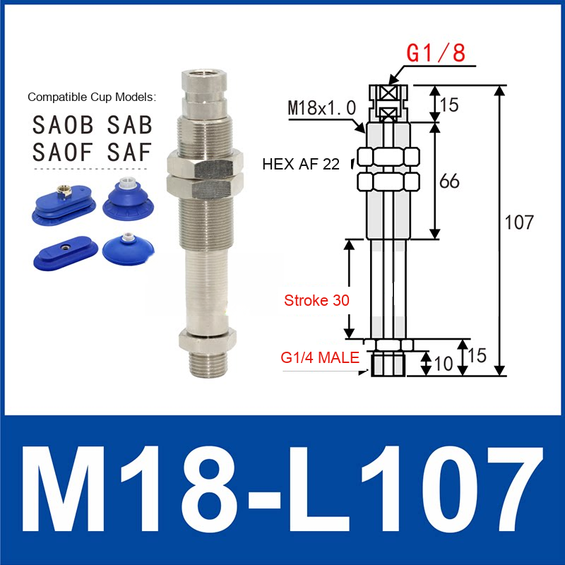 M18-L107 – G1/4 Male Thread, 30 mm Stroke, M18 nickel-plated brass heavy-duty vacuum cup holder, G1/4 Male connection, spring buffer, with technical dimensions