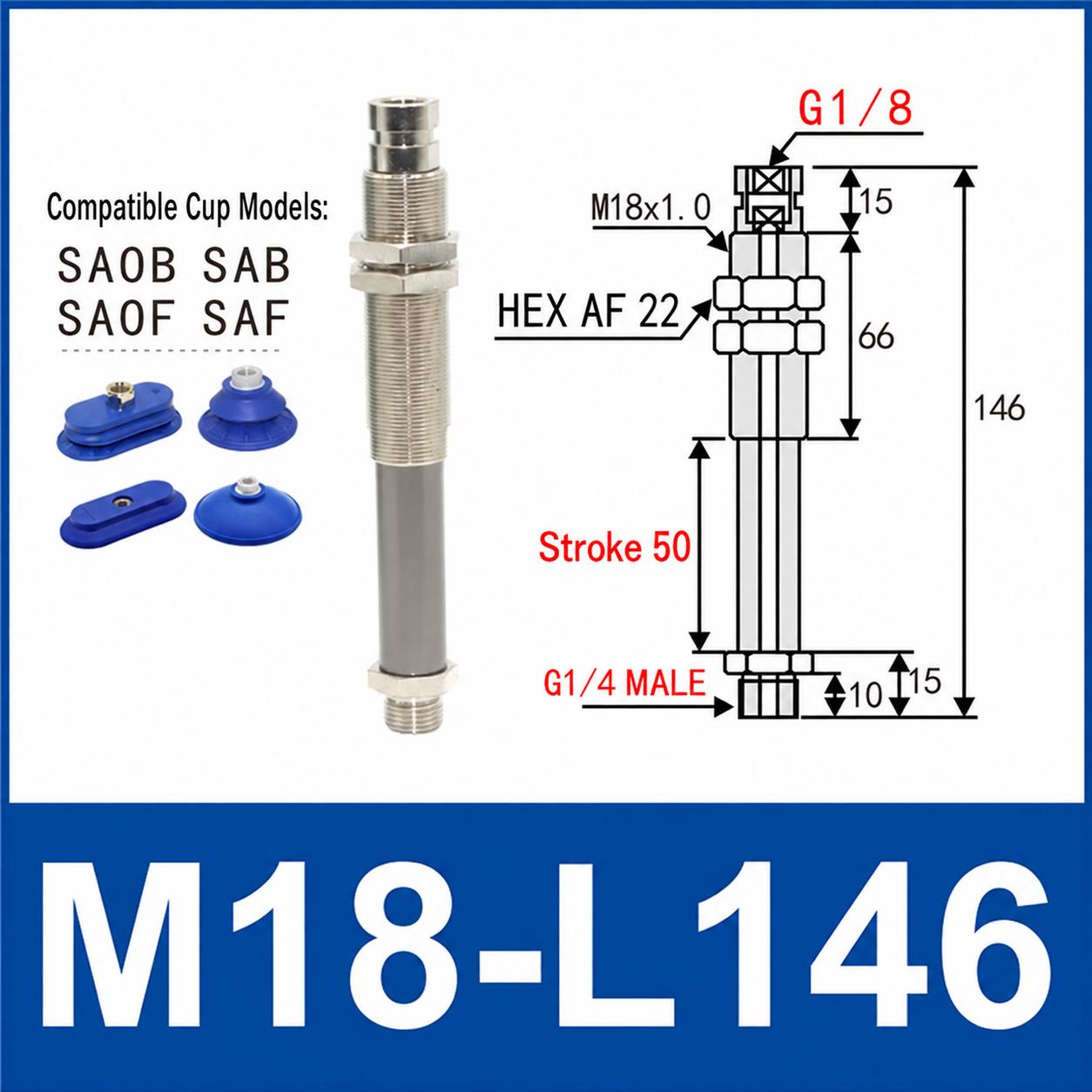 M18-L146 – G1/4 Male Thread, 50 mm Stroke, M18 nickel-plated brass heavy-duty vacuum cup holder, G1/4 Male connection, spring buffer, with technical dimensions