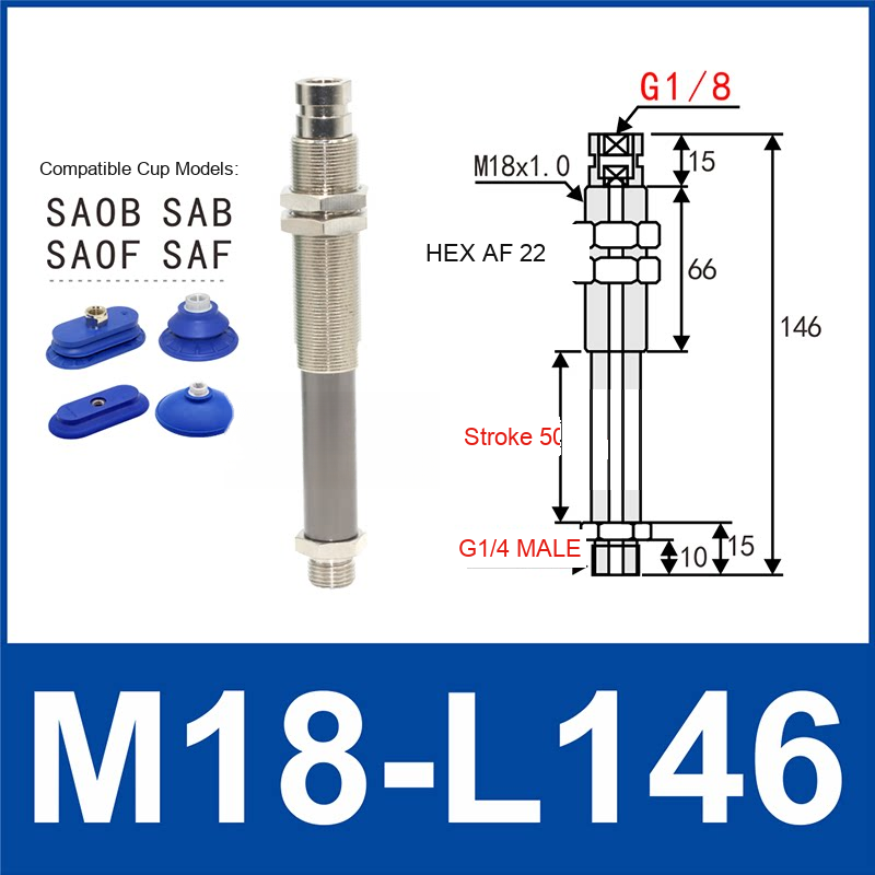 M18-L146 – G1/4 Male Thread, 50 mm Stroke, M18 nickel-plated brass heavy-duty vacuum cup holder, G1/4 Male connection, spring buffer, with technical dimensions