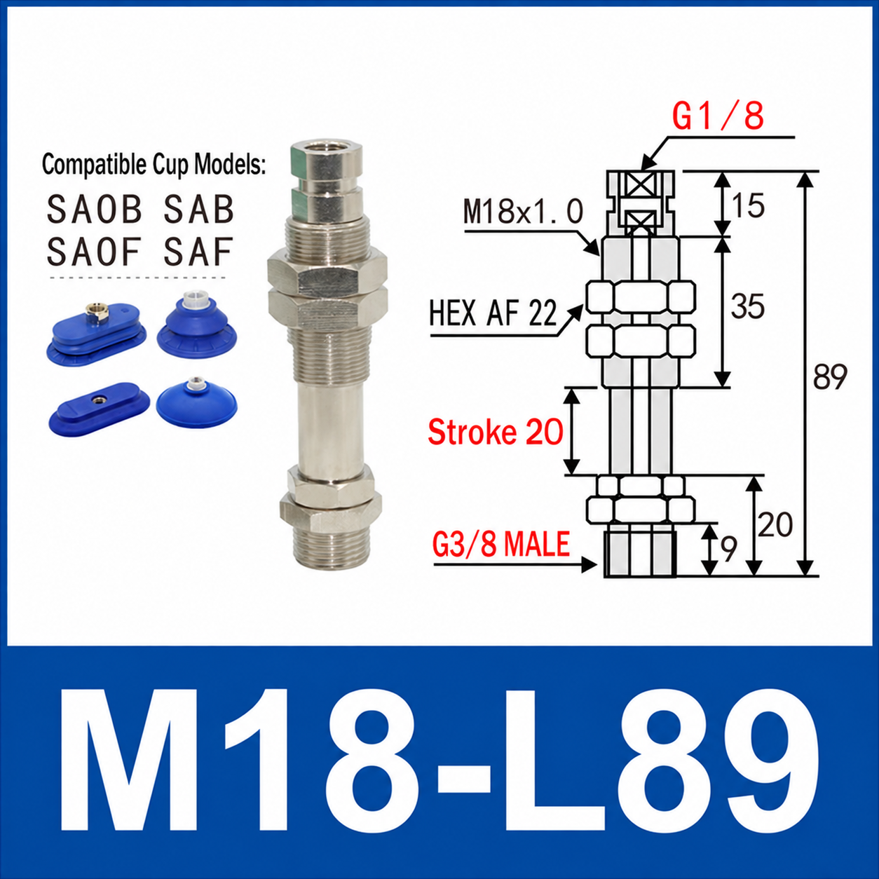 M18-L89 – G3/8 Male Thread, 20 mm Stroke, M18 nickel-plated brass heavy-duty vacuum cup holder, G3/8 Male connection, spring buffer, with technical dimensions