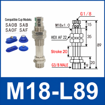 M18-L89 – G3/8 Male Thread, 20 mm Stroke, M18 nickel-plated brass heavy-duty vacuum cup holder, G3/8 Male connection, spring buffer, with technical dimensions