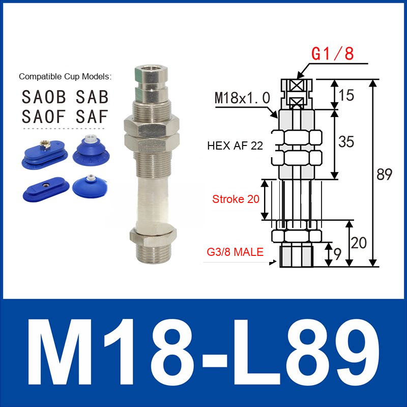 M18-L89 – G3/8 Male Thread, 20 mm Stroke, M18 nickel-plated brass heavy-duty vacuum cup holder, G3/8 Male connection, spring buffer, with technical dimensions