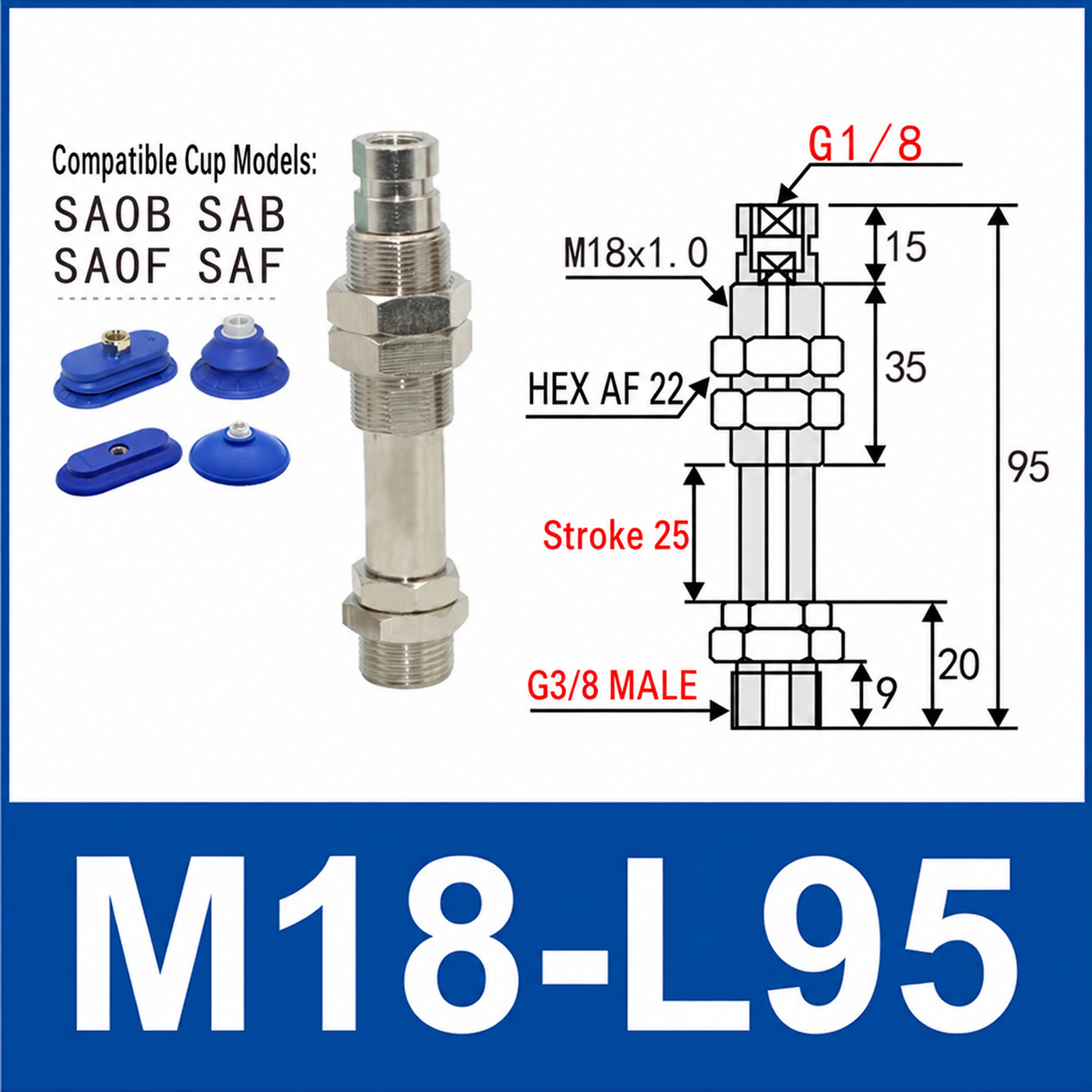 M18-L95 – G3/8 Male Thread, 25 mm Stroke, M18 nickel-plated brass heavy-duty vacuum cup holder, G3/8 Male connection, spring buffer, with technical dimensions