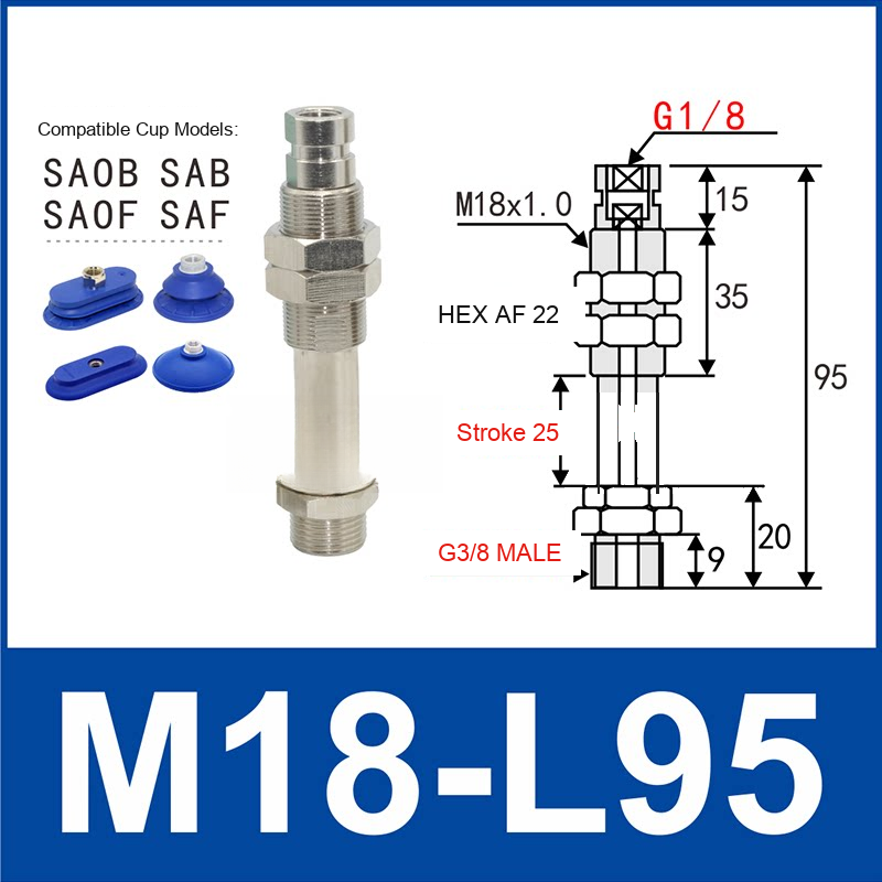 M18-L95 – G3/8 Male Thread, 25 mm Stroke, M18 nickel-plated brass heavy-duty vacuum cup holder, G3/8 Male connection, spring buffer, with technical dimensions