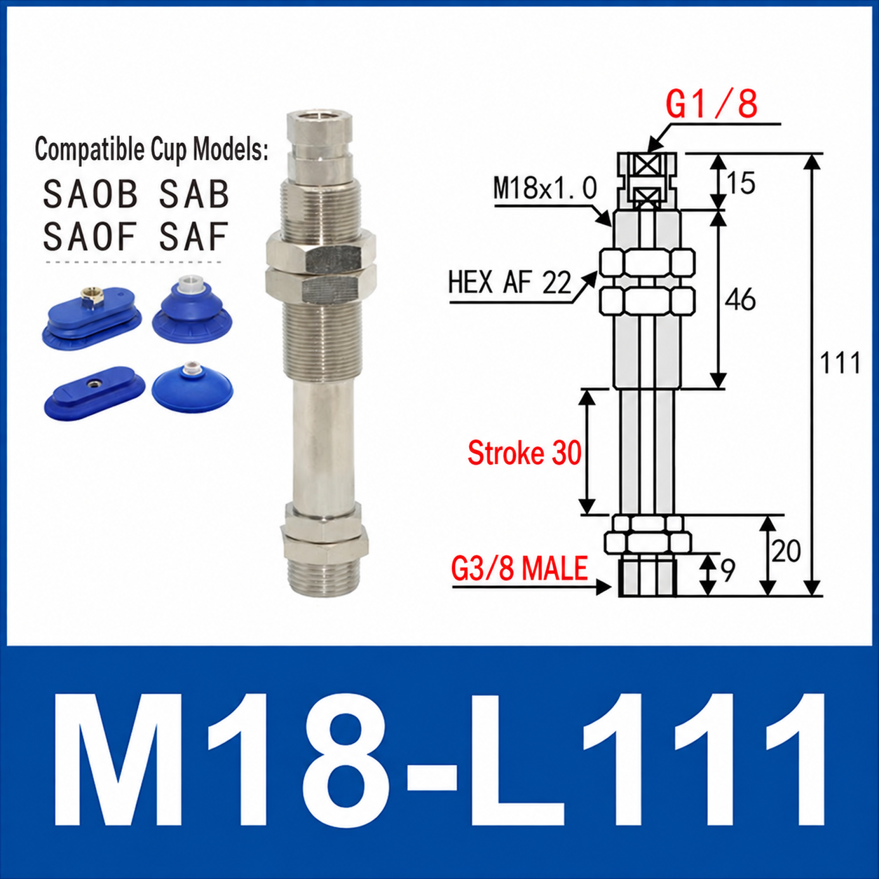 M18-L111 – G3/8 Male Thread, 30 mm Stroke, M18 nickel-plated brass heavy-duty vacuum cup holder, G3/8 Male connection, spring buffer, with technical dimensions