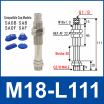 M18-L111 – G3/8 Male Thread, 30 mm Stroke, M18 nickel-plated brass heavy-duty vacuum cup holder, G3/8 Male connection, spring buffer, with technical dimensions