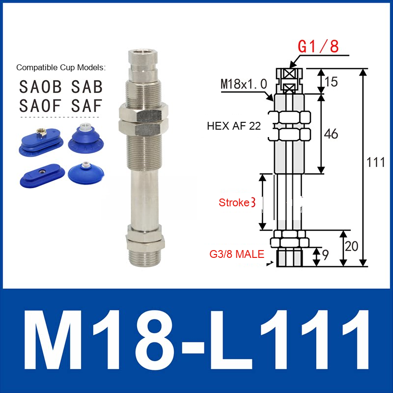 M18-L111 – G3/8 Male Thread, 30 mm Stroke, M18 nickel-plated brass heavy-duty vacuum cup holder, G3/8 Male connection, spring buffer, with technical dimensions