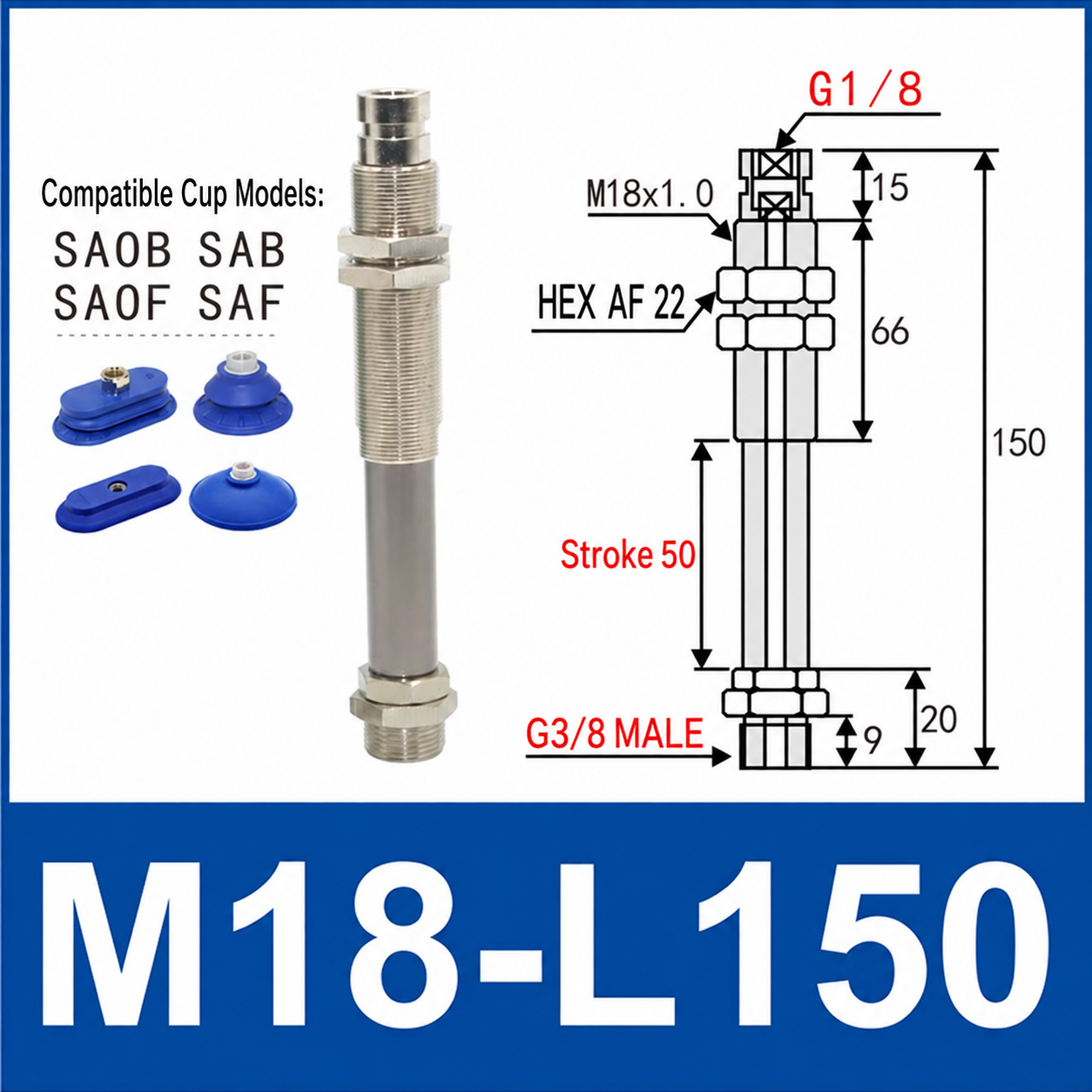 M18-L150 – G3/8 Male Thread, 50 mm Stroke, M18 nickel-plated brass heavy-duty vacuum cup holder, G3/8 Male connection, spring buffer, with technical dimensions