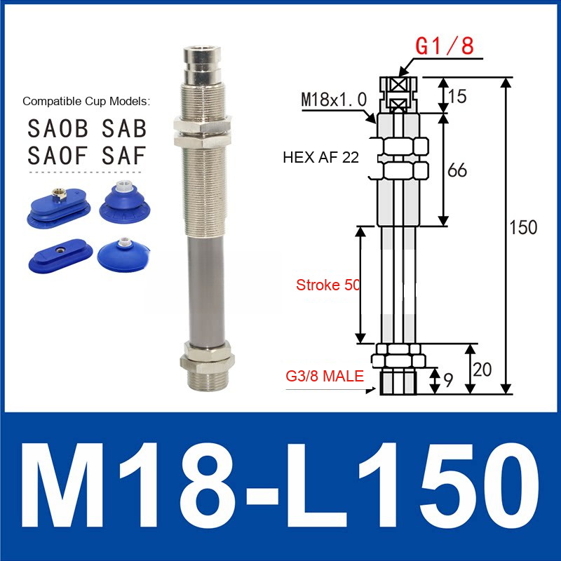 M18-L150 – G3/8 Male Thread, 50 mm Stroke, M18 nickel-plated brass heavy-duty vacuum cup holder, G3/8 Male connection, spring buffer, with technical dimensions