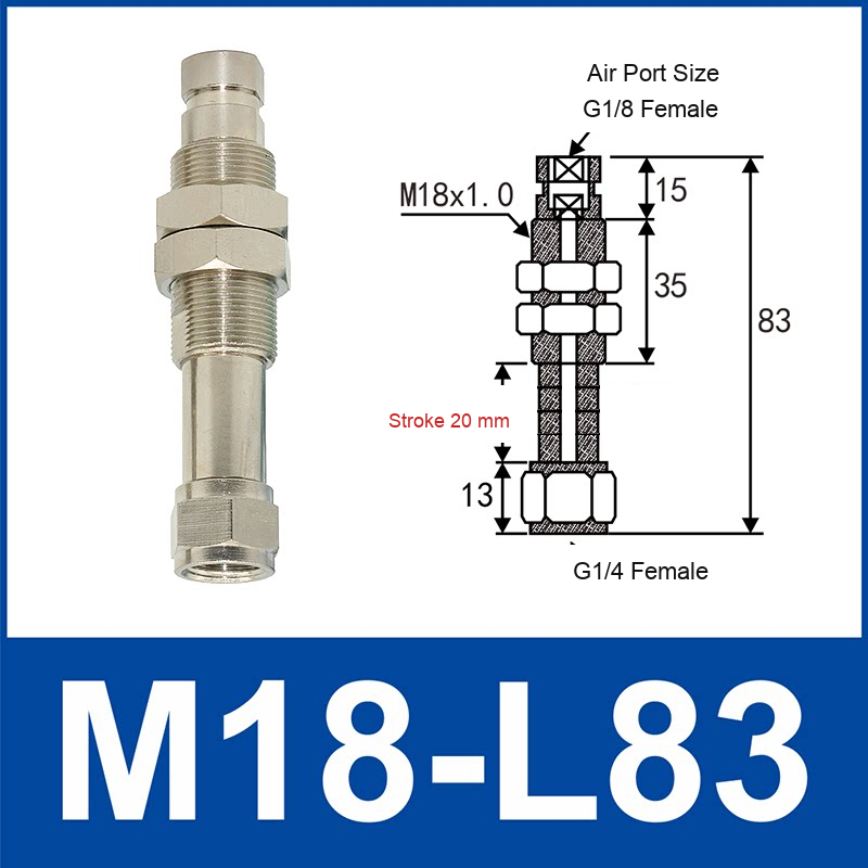 M18-L83 – 20 mm Stroke, G1/4 Female Thread, spring-loaded vacuum cup holder, M18 x 1.0 mounting thread, G1/8 Female air port, G1/4 Female cup-side connection, nickel-plated brass, with technical dimensions