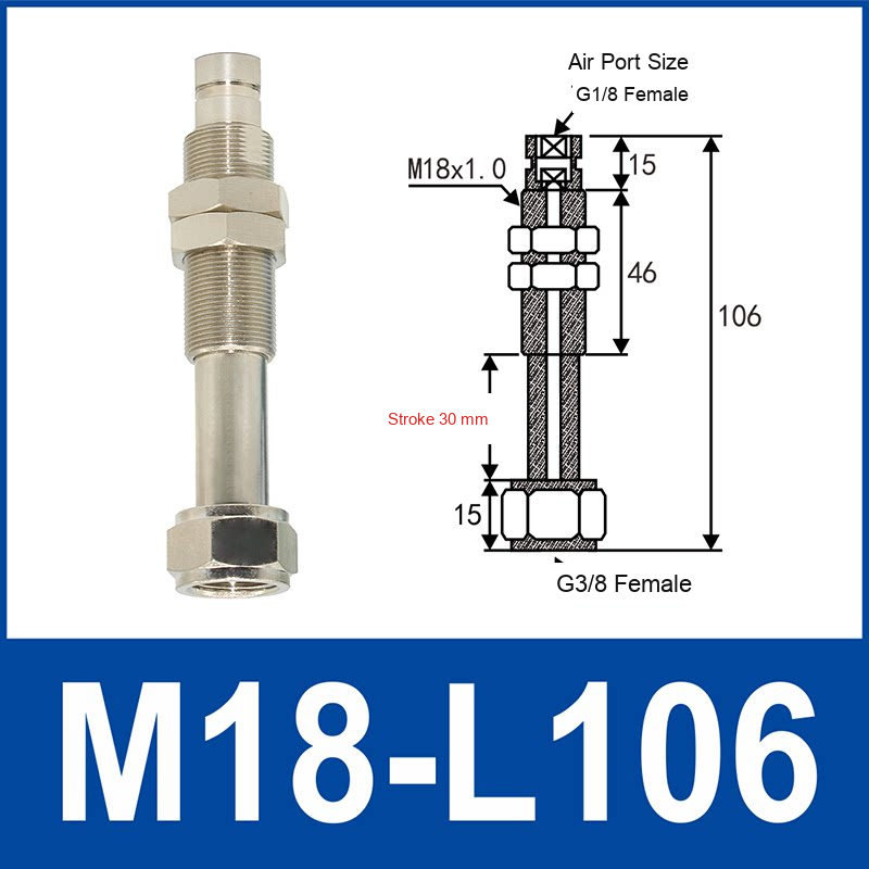 M18-L106 – 30 mm Stroke, G3/8 Female Thread, spring-loaded vacuum cup holder, M18 x 1.0 mounting thread, G1/8 Female air port, G3/8 Female cup-side connection, nickel-plated brass, with technical dimensions