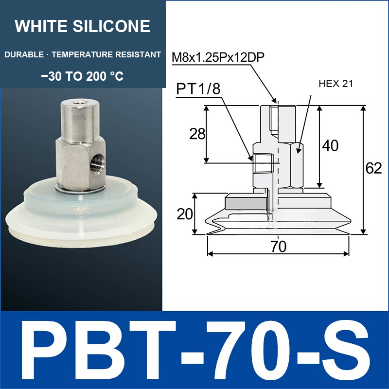PBT-70-S PBT vacuum cup assembly with dimensional drawing