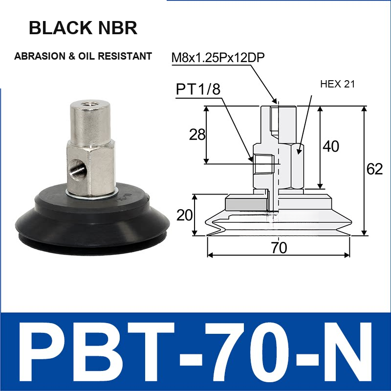 PBT-70-N PBT vacuum cup assembly with dimensional drawing