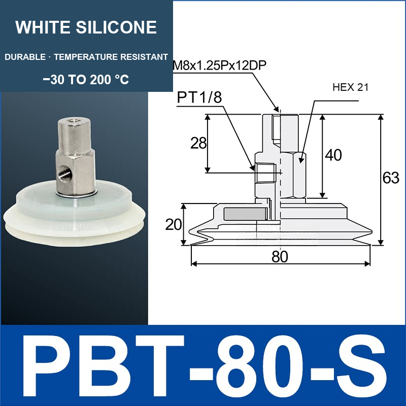 PBT-80-S PBT vacuum cup assembly with dimensional drawing