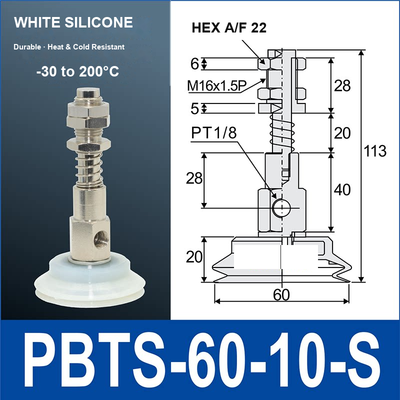 PBTS-60-10-S double-layer vacuum cup with spring buffer mount, 60 mm diameter, 10 mm stroke, white silicone, with product view and dimensional drawing
