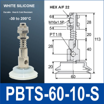 PBTS-60-10-S double-layer vacuum cup with spring buffer mount, 60 mm diameter, 10 mm stroke, white silicone, with product view and dimensional drawing