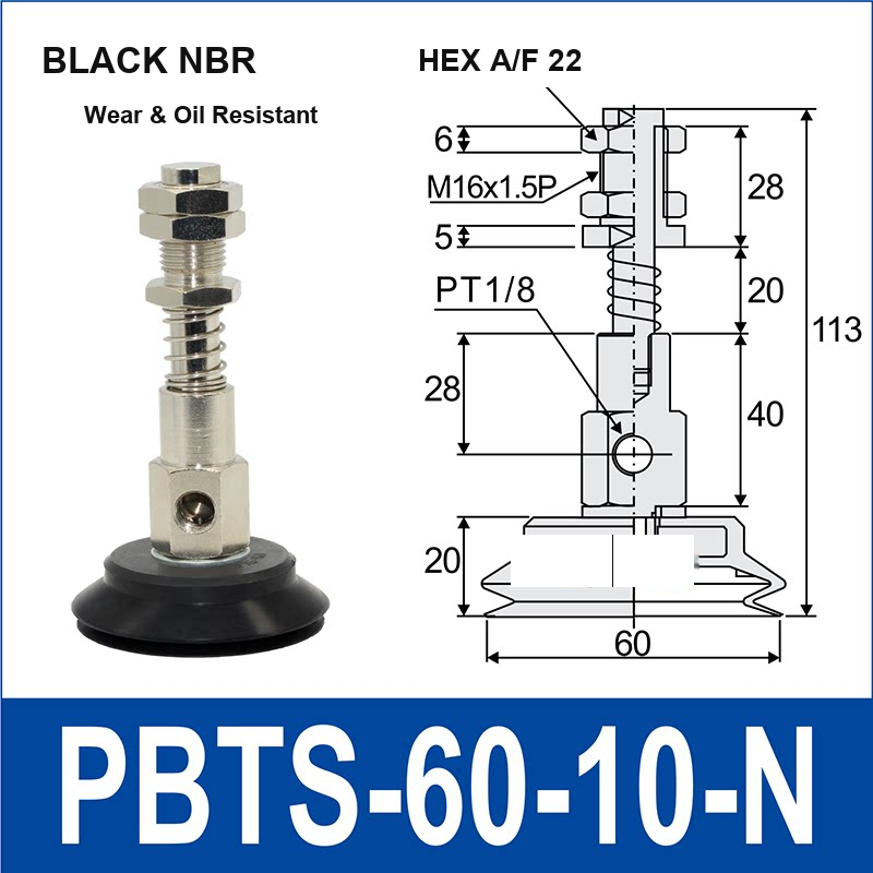 PBTS-60-10-N double-layer vacuum cup with spring buffer mount, 60 mm diameter, 10 mm stroke, black nbr, with product view and dimensional drawing