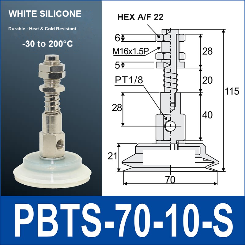 PBTS-70-10-S double-layer vacuum cup with spring buffer mount, 70 mm diameter, 10 mm stroke, white silicone, with product view and dimensional drawing