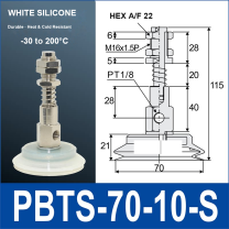 PBTS-70-10-S double-layer vacuum cup with spring buffer mount, 70 mm diameter, 10 mm stroke, white silicone, with product view and dimensional drawing