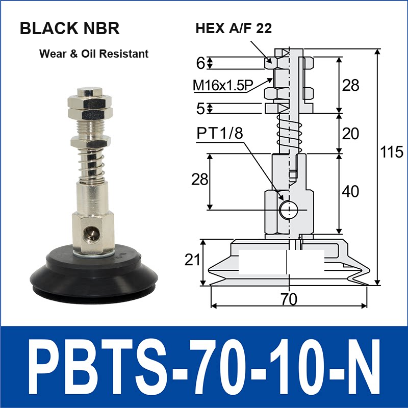 PBTS-70-10-N double-layer vacuum cup with spring buffer mount, 70 mm diameter, 10 mm stroke, black nbr, with product view and dimensional drawing
