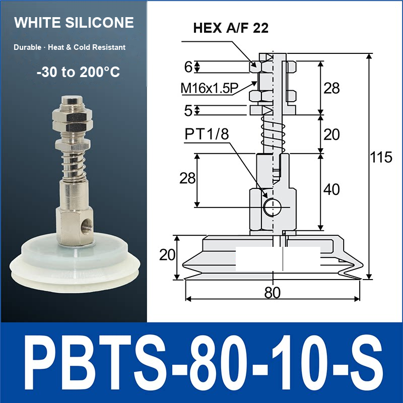 PBTS-80-10-S double-layer vacuum cup with spring buffer mount, 80 mm diameter, 10 mm stroke, white silicone, with product view and dimensional drawing