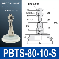 PBTS-80-10-S double-layer vacuum cup with spring buffer mount, 80 mm diameter, 10 mm stroke, white silicone, with product view and dimensional drawing