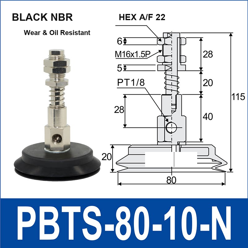PBTS-80-10-N double-layer vacuum cup with spring buffer mount, 80 mm diameter, 10 mm stroke, black nbr, with product view and dimensional drawing