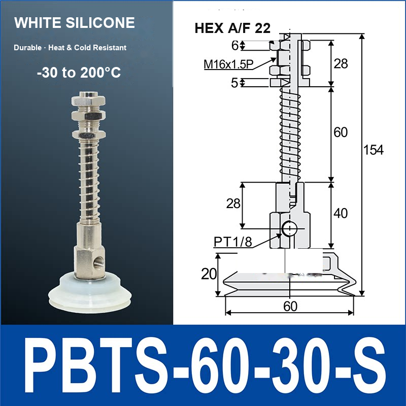 PBTS-60-30-S double-layer vacuum cup with spring buffer mount, 60 mm diameter, 30 mm stroke, white silicone, with product view and dimensional drawing