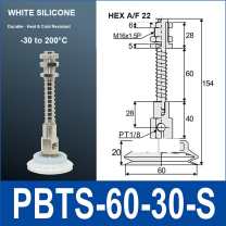 PBTS-60-30-S double-layer vacuum cup with spring buffer mount, 60 mm diameter, 30 mm stroke, white silicone, with product view and dimensional drawing