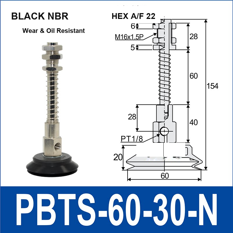 PBTS-60-30-N double-layer vacuum cup with spring buffer mount, 60 mm diameter, 30 mm stroke, black nbr, with product view and dimensional drawing