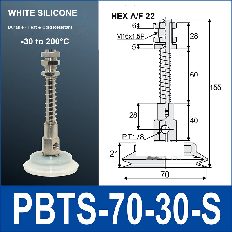 PBTS-70-30-S double-layer vacuum cup with spring buffer mount, 70 mm diameter, 30 mm stroke, white silicone, with product view and dimensional drawing