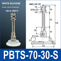 PBTS-70-30-S double-layer vacuum cup with spring buffer mount, 70 mm diameter, 30 mm stroke, white silicone, with product view and dimensional drawing