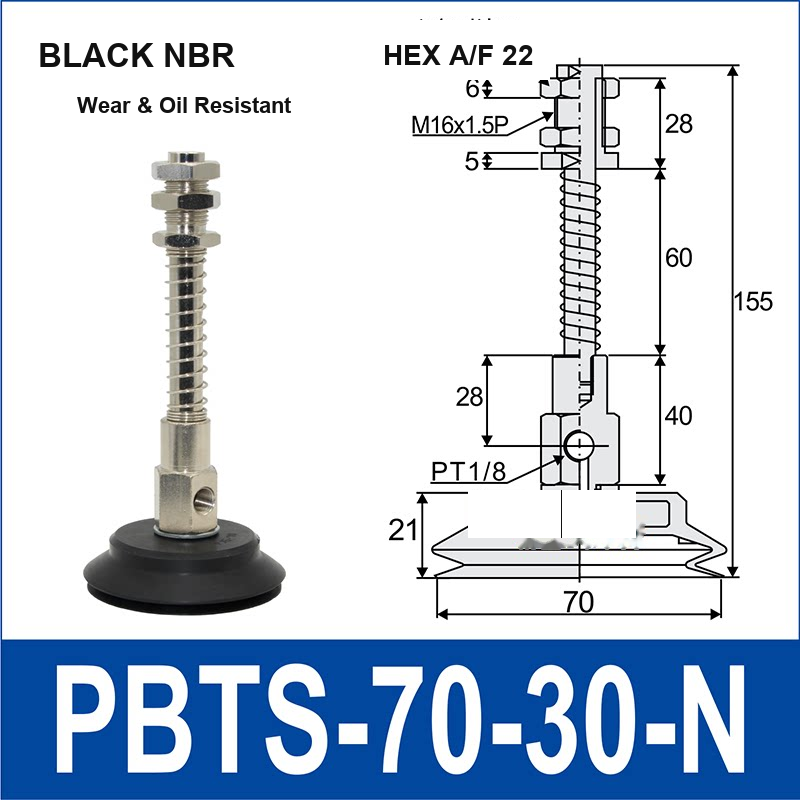 PBTS-70-30-N double-layer vacuum cup with spring buffer mount, 70 mm diameter, 30 mm stroke, black nbr, with product view and dimensional drawing