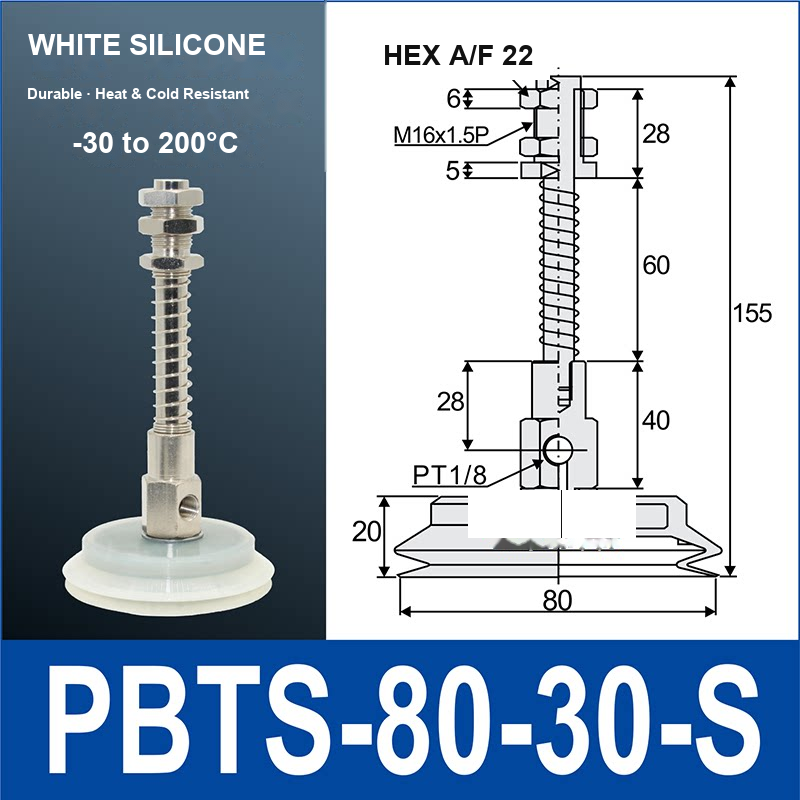 PBTS-80-30-S double-layer vacuum cup with spring buffer mount, 80 mm diameter, 30 mm stroke, white silicone, with product view and dimensional drawing
