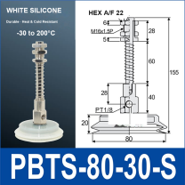 PBTS-80-30-S double-layer vacuum cup with spring buffer mount, 80 mm diameter, 30 mm stroke, white silicone, with product view and dimensional drawing