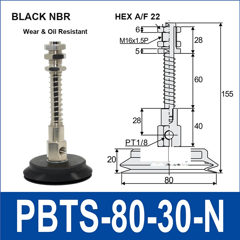 PBTS-80-30-N double-layer vacuum cup with spring buffer mount, 80 mm diameter, 30 mm stroke, black nbr, with product view and dimensional drawing