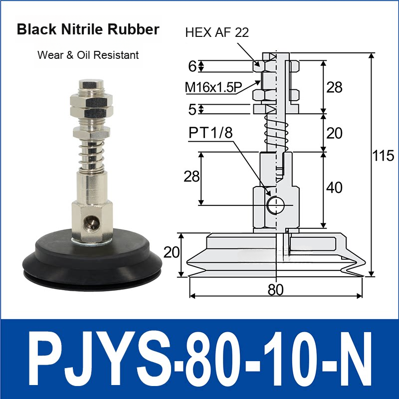 PJYS-80-10-N – Ø80 mm, 10 mm Stroke, Nitrile Rubber, black nitrile rubber spring-loaded side-port vacuum cup, 10 mm travel, M16×1.5 mount, PT1/8 port, HEX AF 22 mm, with dimensions