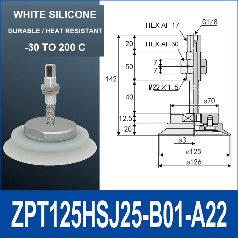 ZPT125HSJ25-B01-A22 heavy-duty vacuum cup holder, 125 mm silicone rubber cup, 25 mm stroke, G1/8 and M22 x 1.5 callouts, with technical dimensions