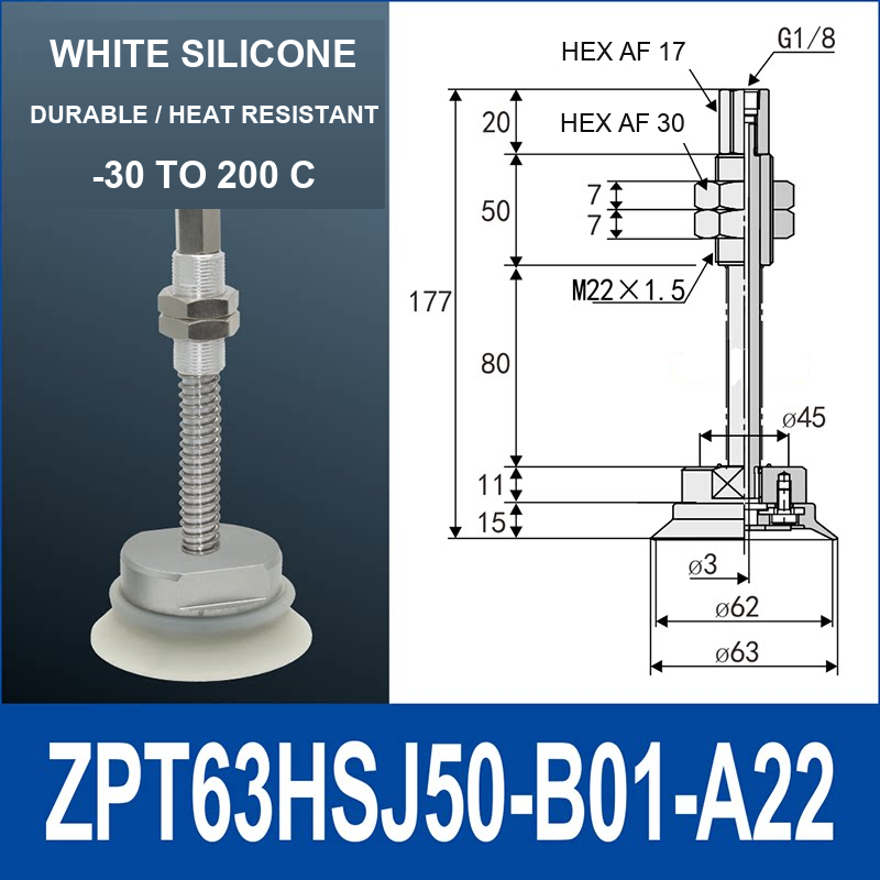 ZPT63HSJ50-B01-A22 heavy-duty vacuum cup holder, 63 mm silicone rubber cup, 50 mm stroke, G1/8 and M22 x 1.5 callouts, with technical dimensions