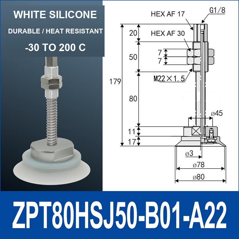 ZPT80HSJ50-B01-A22 heavy-duty vacuum cup holder, 80 mm silicone rubber cup, 50 mm stroke, G1/8 and M22 x 1.5 callouts, with technical dimensions